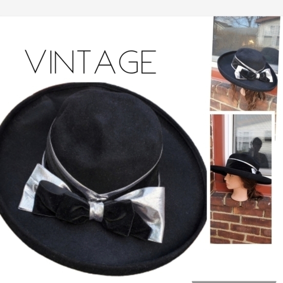 Vintage Black Felt Wide Brim Hat Silver Bow Trim Statement Western Glam 80s 90s